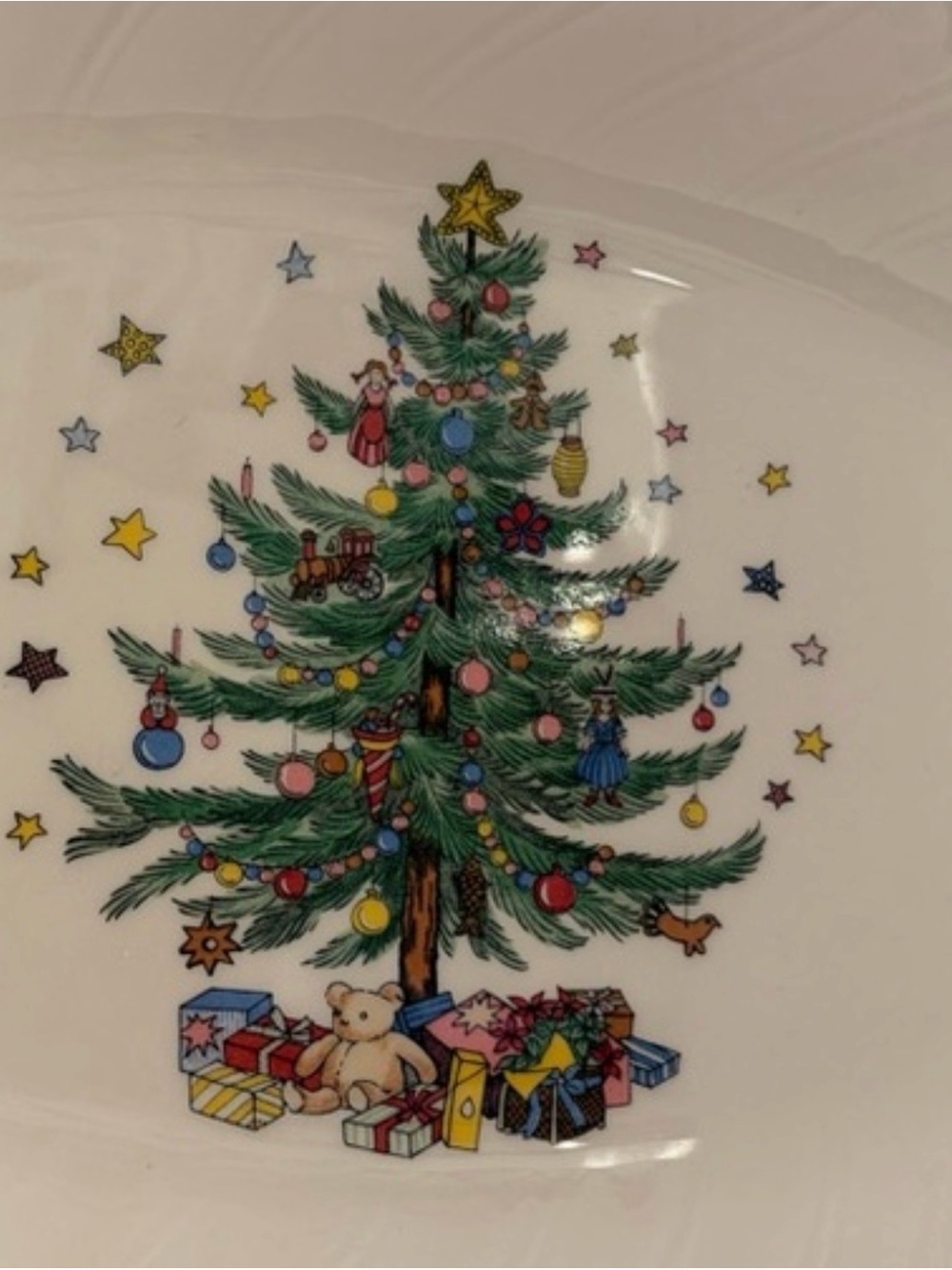 Nikko Ceramics White Serving Bowl with Green Trim and Festive Christmas Tree